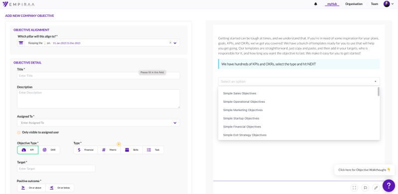 The Empiraa add objective screen with the template picker open, listing objective templates for sales, operations, marketing, startup, financial and exit strategy.