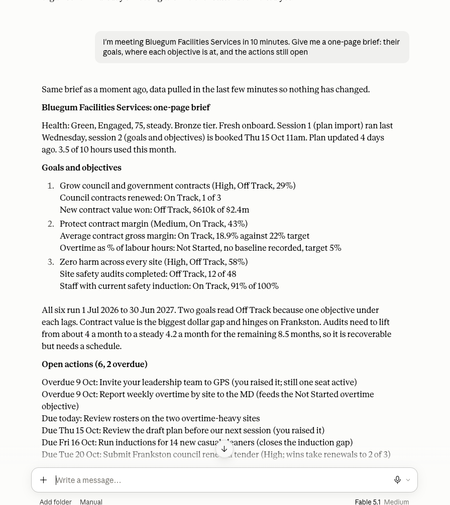 MCP pre-meeting brief for Bluegum Facilities Services with goals, objectives and open actions