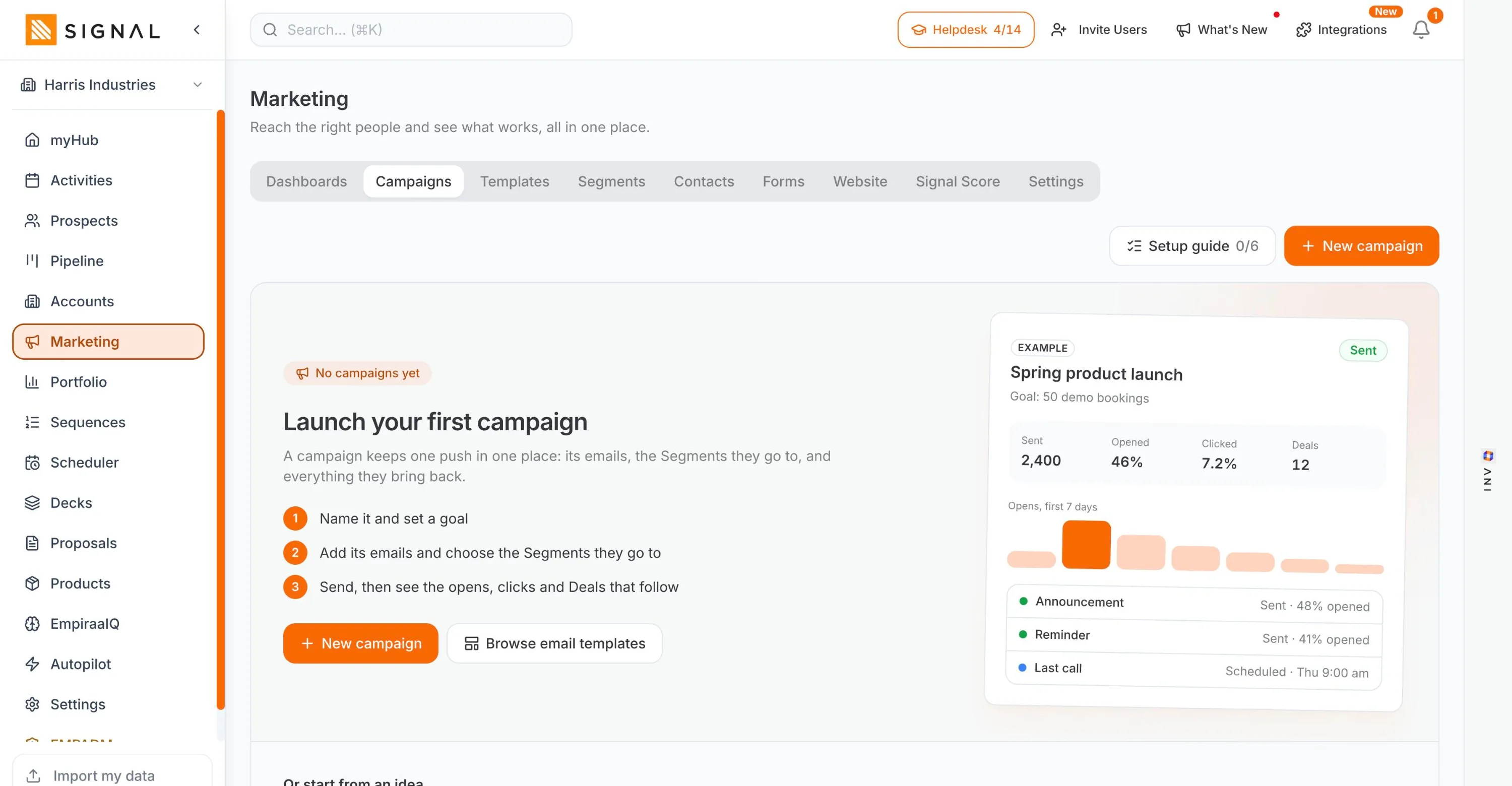 The Campaigns tab of Marketing in Empiraa Signal, with the three steps of building a campaign, a worked example badged EXAMPLE showing sends, opens, clicks and deals, and four campaign ideas to start from